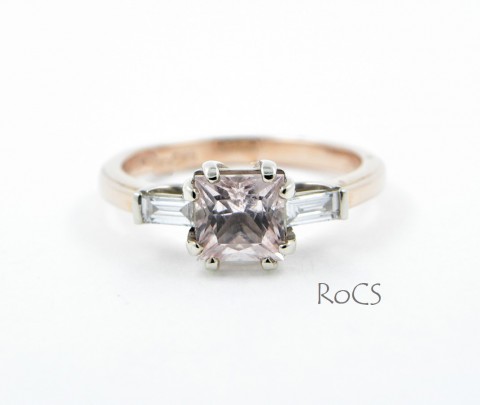 Morganite set with baguette diamond shoulders in rose gold image